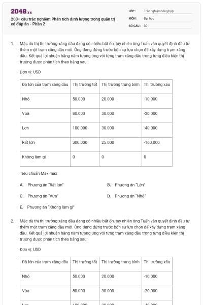 200+ câu trắc nghiệm Phân tích định lượng trong quản trị có đáp án - Phần 2
