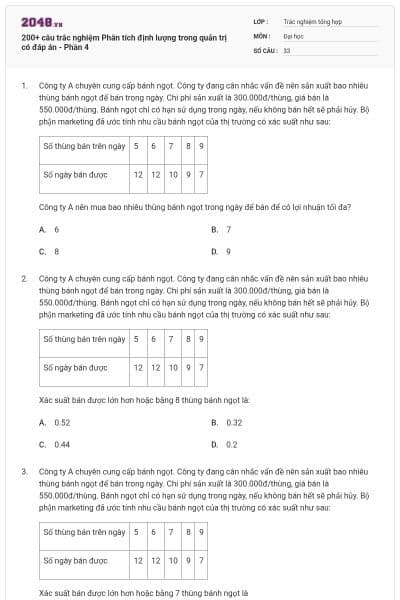 200+ câu trắc nghiệm Phân tích định lượng trong quản trị có đáp án - Phần 4