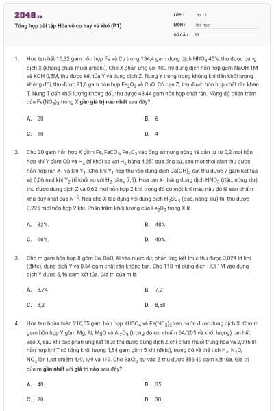 Tổng hợp bài tập Hóa vô cơ hay và khó (P1)