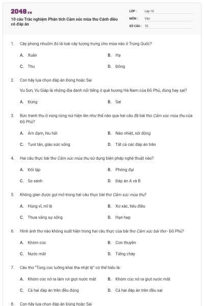 10 câu Trắc nghiệm Phân tích Cảm xúc mùa thu Cánh diều có đáp án