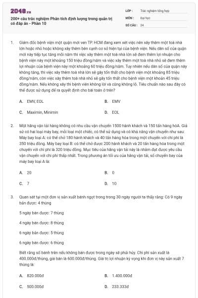 200+ câu trắc nghiệm Phân tích định lượng trong quản trị có đáp án - Phần 10
