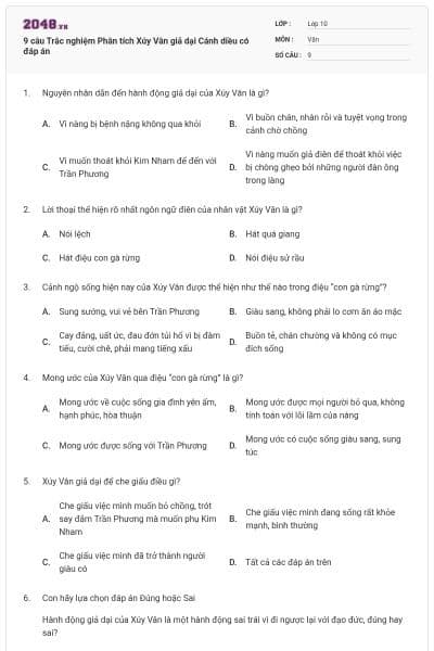 9 câu Trắc nghiệm Phân tích Xúy Vân giả dại Cánh diều có đáp án