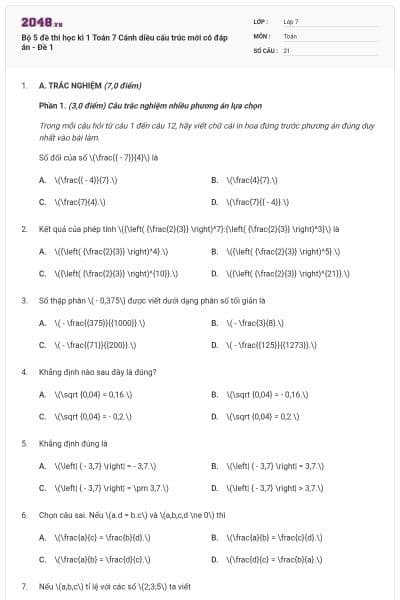 Bộ 5 đề thi học kì 1 Toán 7 Cánh diều cấu trúc mới có đáp án - Đề 1