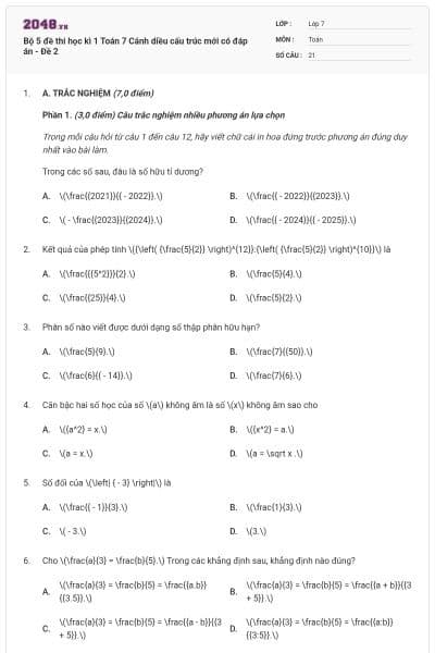 Bộ 5 đề thi học kì 1 Toán 7 Cánh diều cấu trúc mới có đáp án - Đề 2