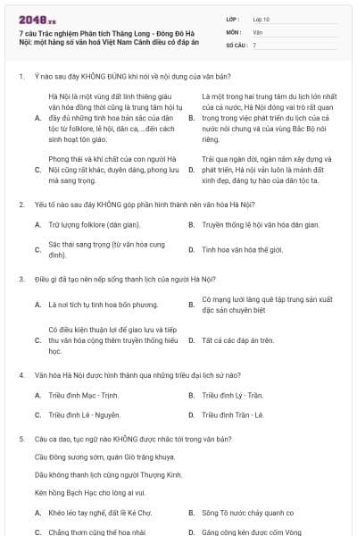 7 câu Trắc nghiệm Phân tích Thăng Long - Đông Đô Hà Nội: một hằng số văn hoá Việt Nam Cánh diều có đáp án