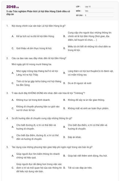5 câu Trắc nghiệm Phân tích Lễ hội Đền Hùng Cánh diều có đáp án