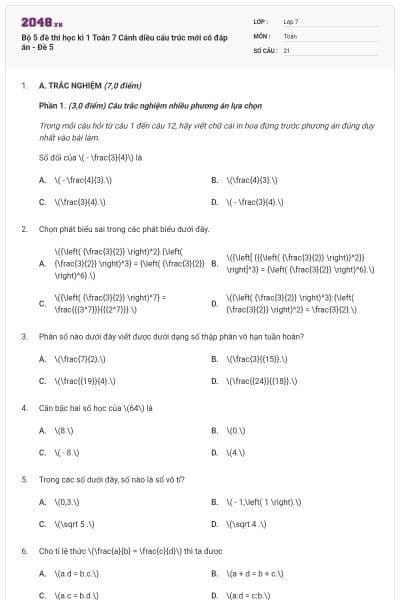 Bộ 5 đề thi học kì 1 Toán 7 Cánh diều cấu trúc mới có đáp án - Đề 5