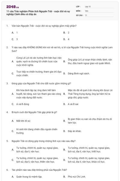 11 câu Trắc nghiệm Phân tích Nguyễn Trãi - cuộc đời và sự nghiệp Cánh diều có đáp án