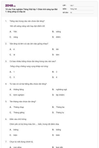10 câu Trắc nghiệm Tiếng Việt lớp 1 Chân trời sáng tạo Bài 1: iêng yêng có đáp án