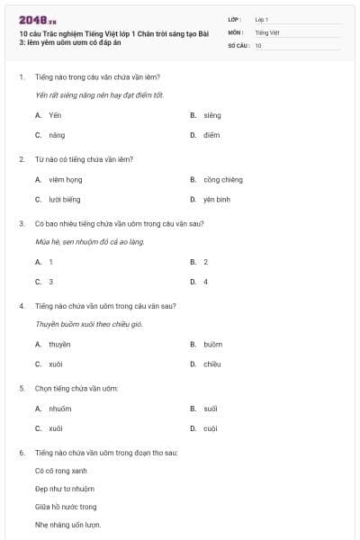 10 câu Trắc nghiệm Tiếng Việt lớp 1 Chân trời sáng tạo Bài 3: iêm yêm uôm ươm có đáp án