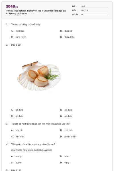 10 câu Trắc nghiệm Tiếng Việt lớp 1 Chân trời sáng tạo Bài 4: iêp ươp có đáp án