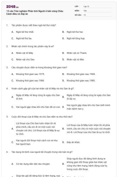 13 câu Trắc nghiệm Phân tích Người ở bến sông Châu Cánh diều có đáp án