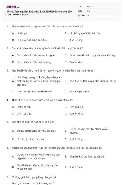 10 câu Trắc nghiệm Phân tích Lính đảo hát tình ca trên đảo Cánh diều có đáp án