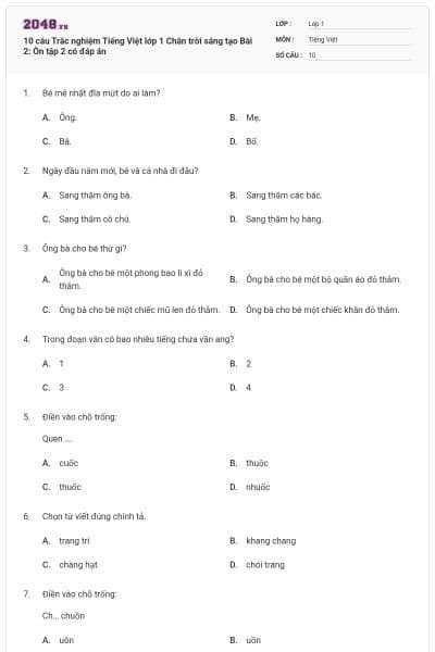 10 câu Trắc nghiệm Tiếng Việt lớp 1 Chân trời sáng tạo Bài 2: Ôn tập 2 có đáp án