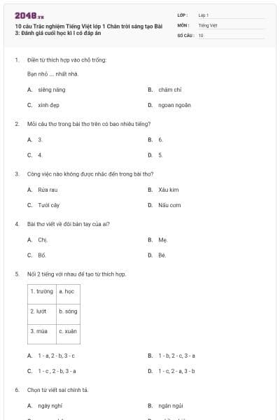 10 câu Trắc nghiệm Tiếng Việt lớp 1 Chân trời sáng tạo Bài 3: Đánh giá cuối học kì I có đáp án