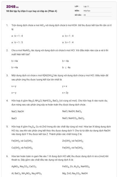 98 Bài tập Sự điện li cực hay có đáp án (Phần 4)