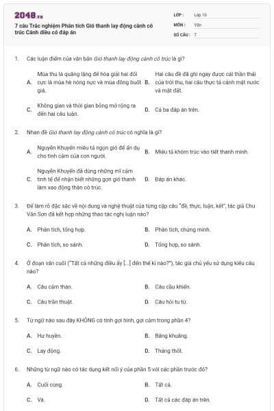 7 câu Trắc nghiệm Phân tích Gió thanh lay động cành cô trúc Cánh diều có đáp án