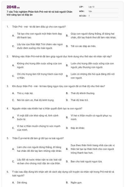 7 câu Trắc nghiệm Phân tích Prô-mê-tê và loài người Chân trời sáng tạo có đáp án