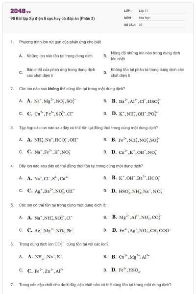 98 Bài tập Sự điện li cực hay có đáp án (Phần 3)