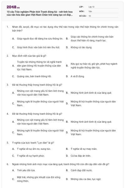 10 câu Trắc nghiệm Phân tích Tranh đông hồ - nét tinh hoa của văn hóa dân gian Việt Nam Chân trời sáng tạo có đáp án