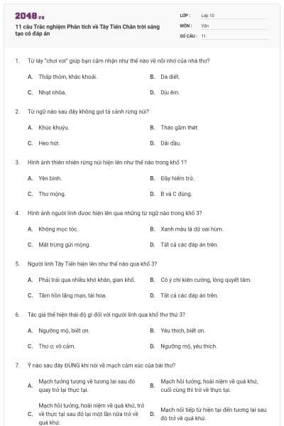 11 câu Trắc nghiệm Phân tích về Tây Tiến Chân trời sáng tạo có đáp án