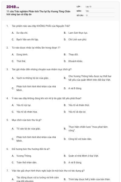 11 câu Trắc nghiệm Phân tích Thư lại Dụ Vương Tông Chân trời sáng tạo có đáp án