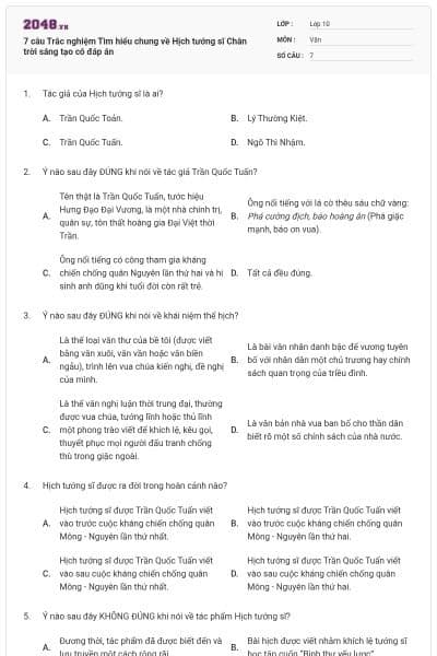 7 câu Trắc nghiệm Tìm hiểu chung về Hịch tướng sĩ Chân trời sáng tạo có đáp án