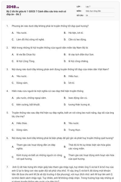 Bộ 2 đề thi giữa kì 1 GDCD 7 Cánh diều cấu trúc mới có đáp án - Đề 2