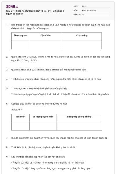Giải VTH Khoa học tự nhiên 8 KNTT Bài 34: Hệ hô hấp ở người có đáp án