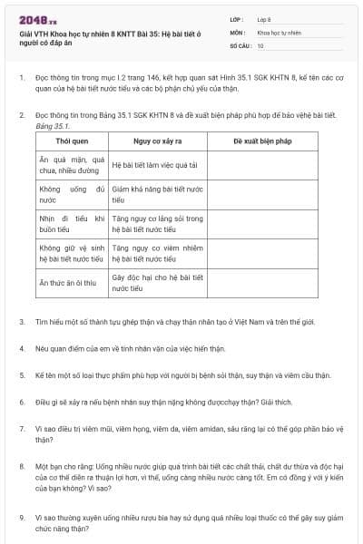 Giải VTH Khoa học tự nhiên 8 KNTT Bài 35: Hệ bài tiết ở người có đáp án