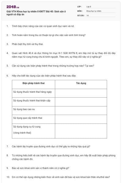 Giải VTH Khoa học tự nhiên 8 KNTT Bài 40: Sinh sản ở người có đáp án