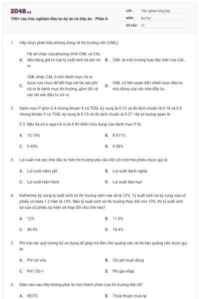 700+ câu trắc nghiệm Đầu tư dự án có đáp án - Phần 6