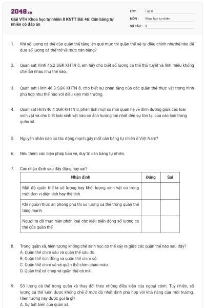 Giải VTH Khoa học tự nhiên 8 KNTT Bài 46: Cân bằng tự nhiên có đáp án