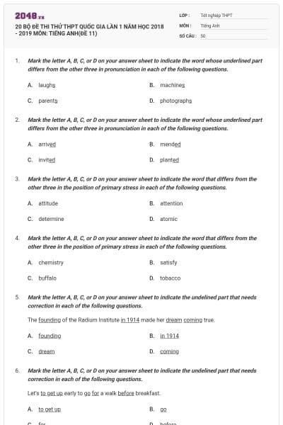 20 BỘ ĐỀ THI THỬ THPT QUỐC GIA LẦN 1 NĂM HỌC 2018 - 2019 MÔN: TIẾNG ANH(ĐỀ 11)
