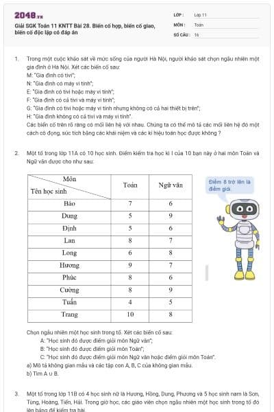 Giải SGK Toán 11 KNTT Bài 28. Biến cố hợp, biến cố giao, biến cố độc lập có đáp án