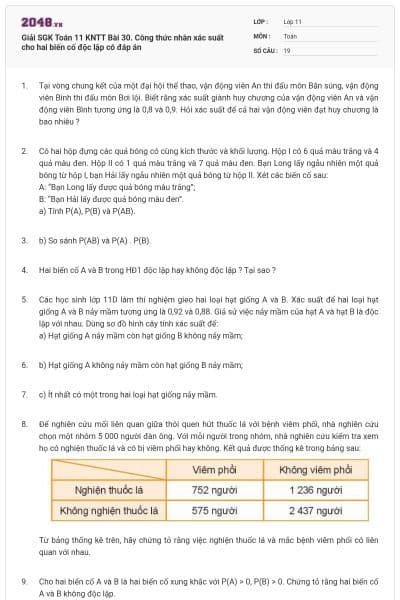 Giải SGK Toán 11 KNTT Bài 30. Công thức nhân xác suất cho hai biến cố độc lập có đáp án