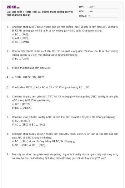Giải SBT Toán 11 KNTT Bài 23. Đường thẳng vuông góc với mặt phẳng có đáp án