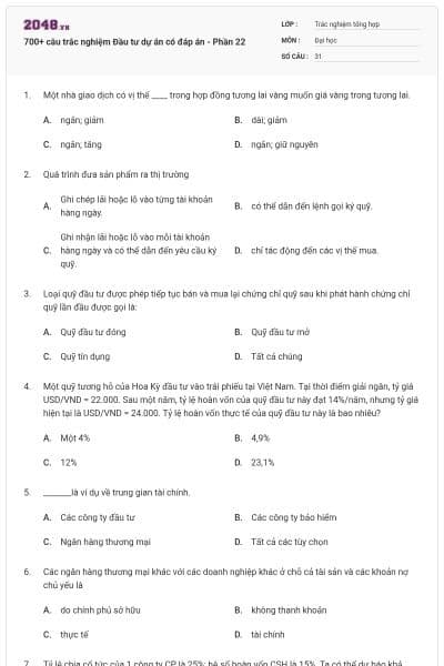 700+ câu trắc nghiệm Đầu tư dự án có đáp án - Phần 22