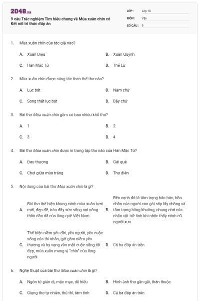 9 câu Trắc nghiệm Tìm hiểu chung về Mùa xuân chín có Kết nối tri thức đáp án