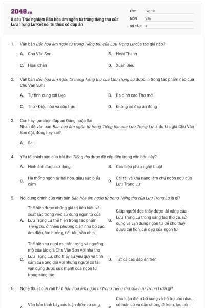 8 câu Trắc nghiệm Bản hòa âm ngôn từ trong tiếng thu của Lưu Trọng Lư Kết nối tri thức có đáp án