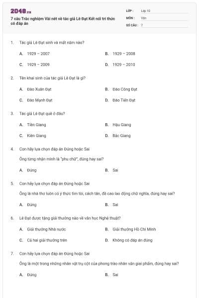 7 câu Trắc nghiệm Vài nét về tác giả Lê Đạt Kết nối tri thức có đáp án