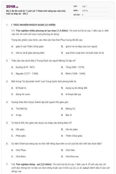 Bộ 2 đề thi cuối kì 1 Lịch sử 7 Chân trời sáng tạo cấu trúc mới có đáp án - Đề 2