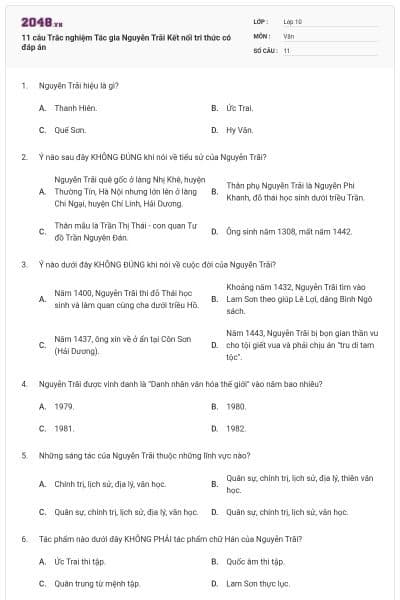 11 câu Trắc nghiệm Tác gia Nguyễn Trãi Kết nối tri thức có đáp án