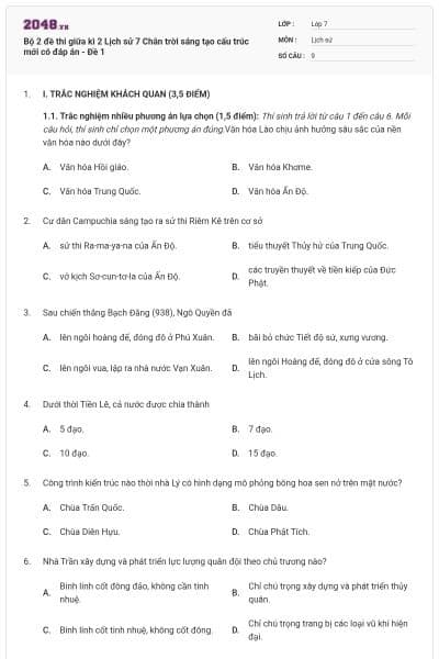 Bộ 2 đề thi giữa kì 2 Lịch sử 7 Chân trời sáng tạo cấu trúc mới có đáp án - Đề 1