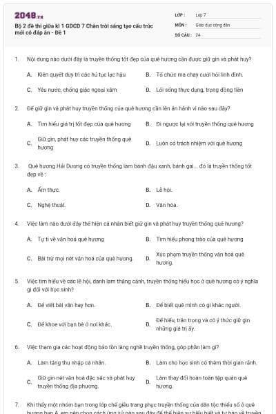 Bộ 2 đề thi giữa kì 1 GDCD 7 Chân trời sáng tạo cấu trúc mới có đáp án - Đề 1