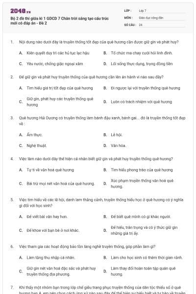 Bộ 2 đề thi giữa kì 1 GDCD 7 Chân trời sáng tạo cấu trúc mới có đáp án - Đề 2