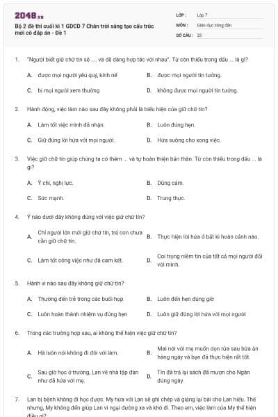 Bộ 2 đề thi cuối kì 1 GDCD 7 Chân trời sáng tạo cấu trúc mới có đáp án - Đề 1