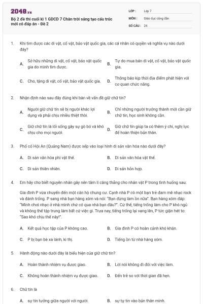 Bộ 2 đề thi cuối kì 1 GDCD 7 Chân trời sáng tạo cấu trúc mới có đáp án - Đề 2