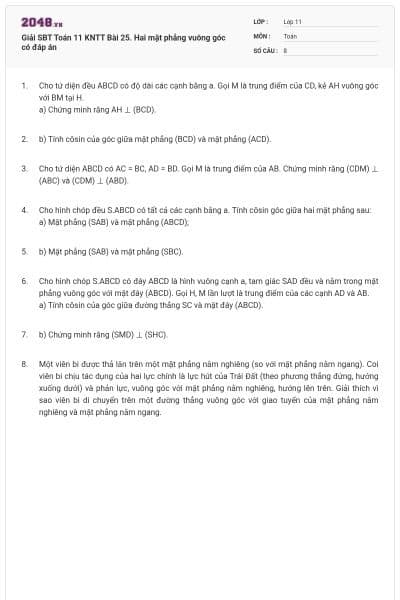 Giải SBT Toán 11 KNTT Bài 25. Hai mặt phẳng vuông góc có đáp án