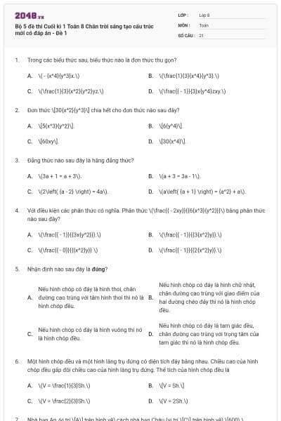 Bộ 5 đề thi Cuối kì 1 Toán 8 Chân trời sáng tạo cấu trúc mới có đáp án - Đề 1